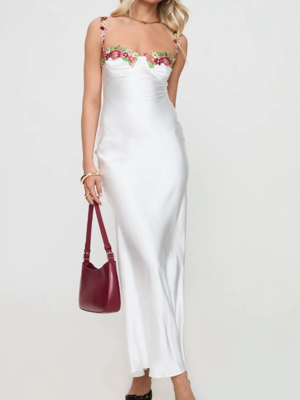 Selfie Leslie White Maxi Slip Dress with Pink & Green Floral Trim